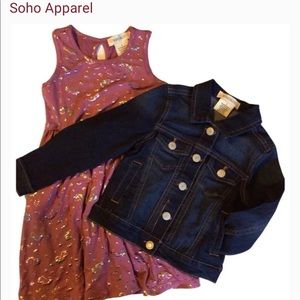 2 piece girls unicorn print dress with denim jacket